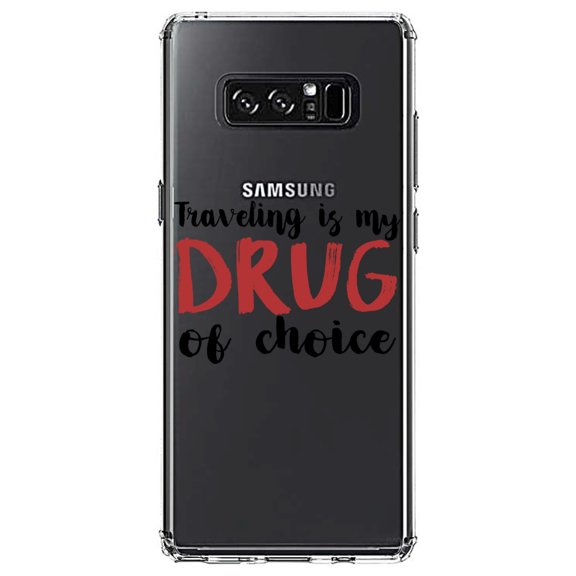 DistinctInk Clear Shockproof Hybrid Case for Samsung Galaxy Note 8 - TPU Bumper Acrylic Back Tempered Glass Screen Protector - Traveling is My Drug of Choice