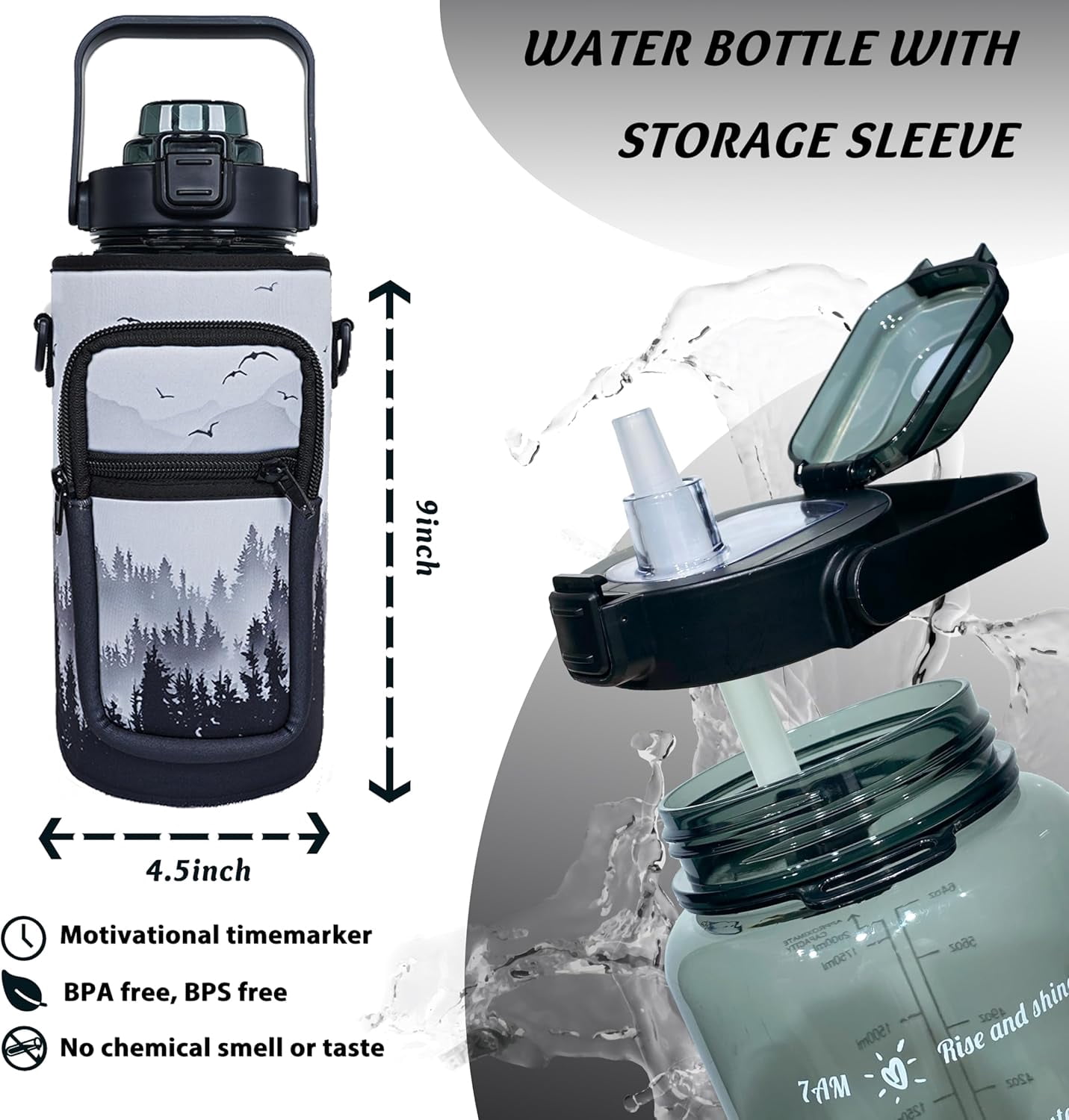 64 oz Water Bottle with Straw Sleeve & Strap Motivational Half Gallon Water Jug with Handle for Gym Women Men Aesthetic Water Bottle with Strap Bird