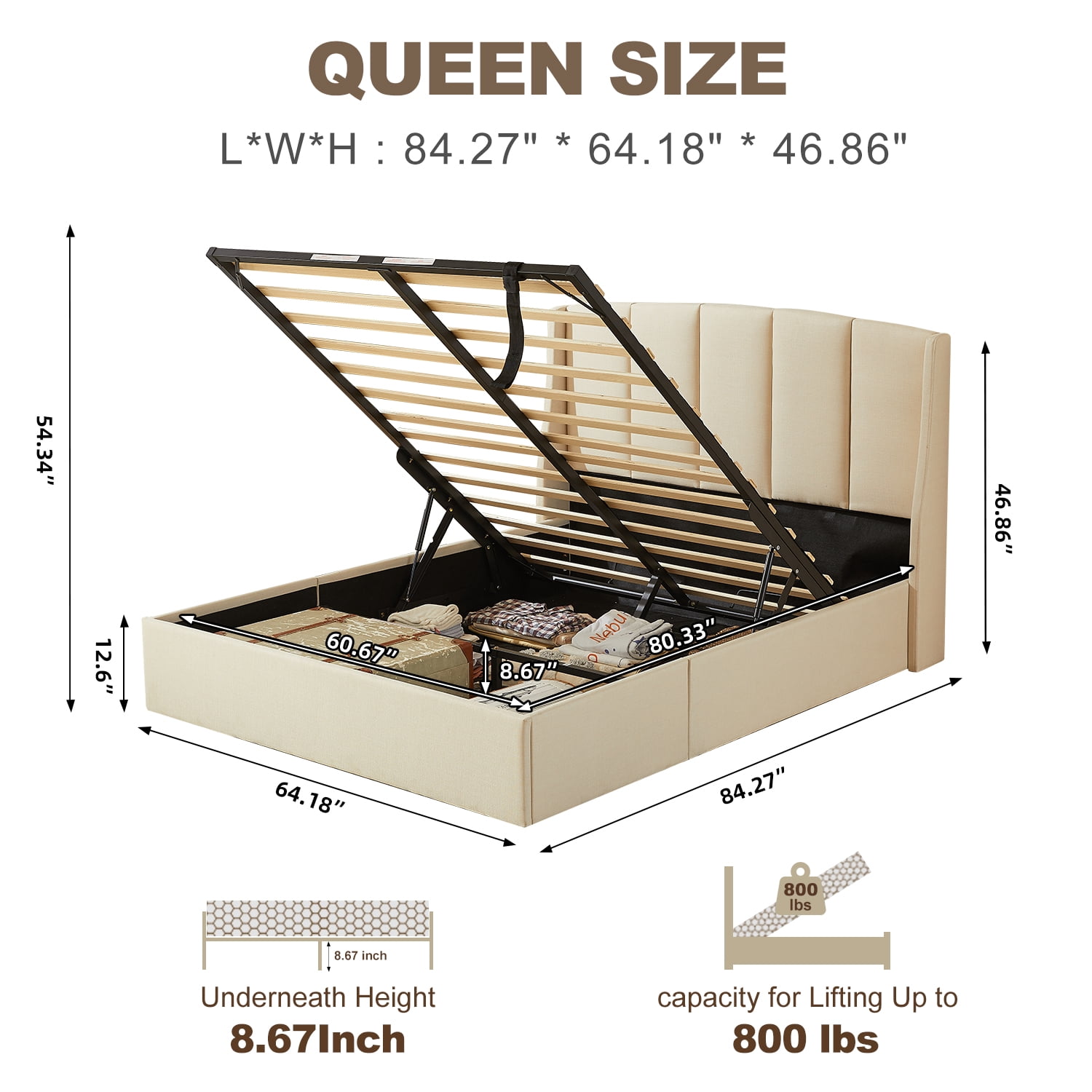 VELOCAVA Queen Upholstered Lift-up Storage Bed with Vertical Channel Wingback Headboard, Beige