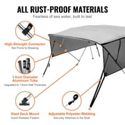 KFFKFF 4 Bow Bimini Boat Canopy, Removable Mesh Walls, 600D Fabric Shade, 1 Aluminum Frame, with Storage Case, Two Straps, Support Rods, 8ft Length x 54in Height x 91-96in Width, Light Grey