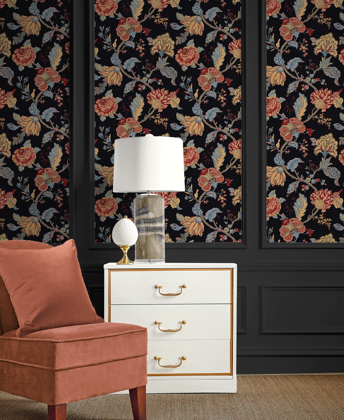 Seabrook Designs  Lana Jacobean Prepasted Wallpaper 20.5 in W x 33 ft. L - Ebony
