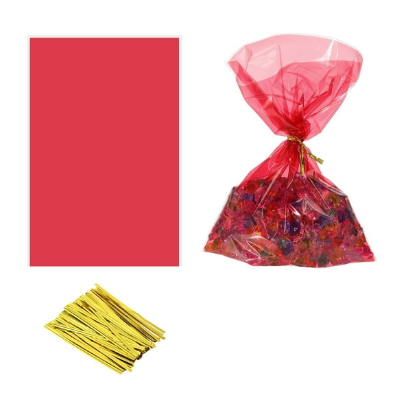 Uxcell 100Pcs 9.06 x 5.9" Clear Treat Bags with Gold Cable Ties Red