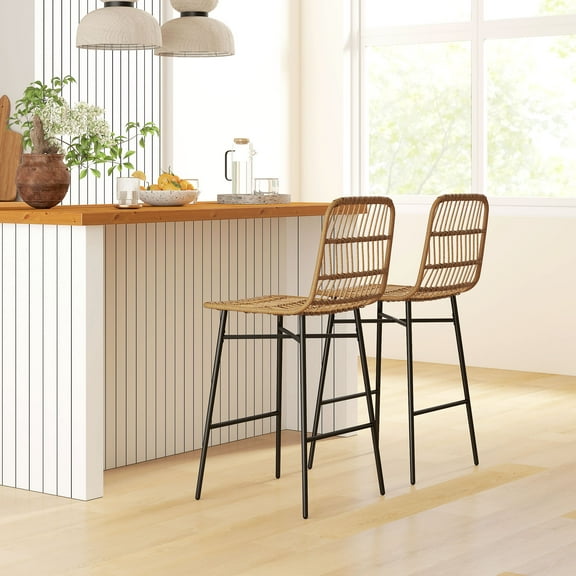 HOMCOM Rattan Counter Height Bar Stools Set of 2, 26" Wicker Barstools with Back, Bar Chairs for Kitchen Island, Kitchen Counter, Dining Room, Brown