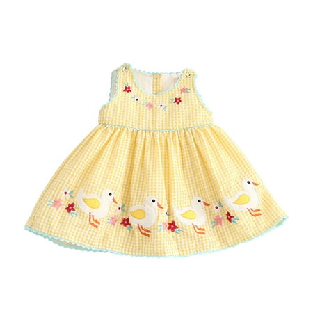 

Toddler Girl Cartoon Duck Embroider Dress Summer Princess Dress Baby Duckling Patch Embroidered Sleeveless Dress for 0-7 Years Old
