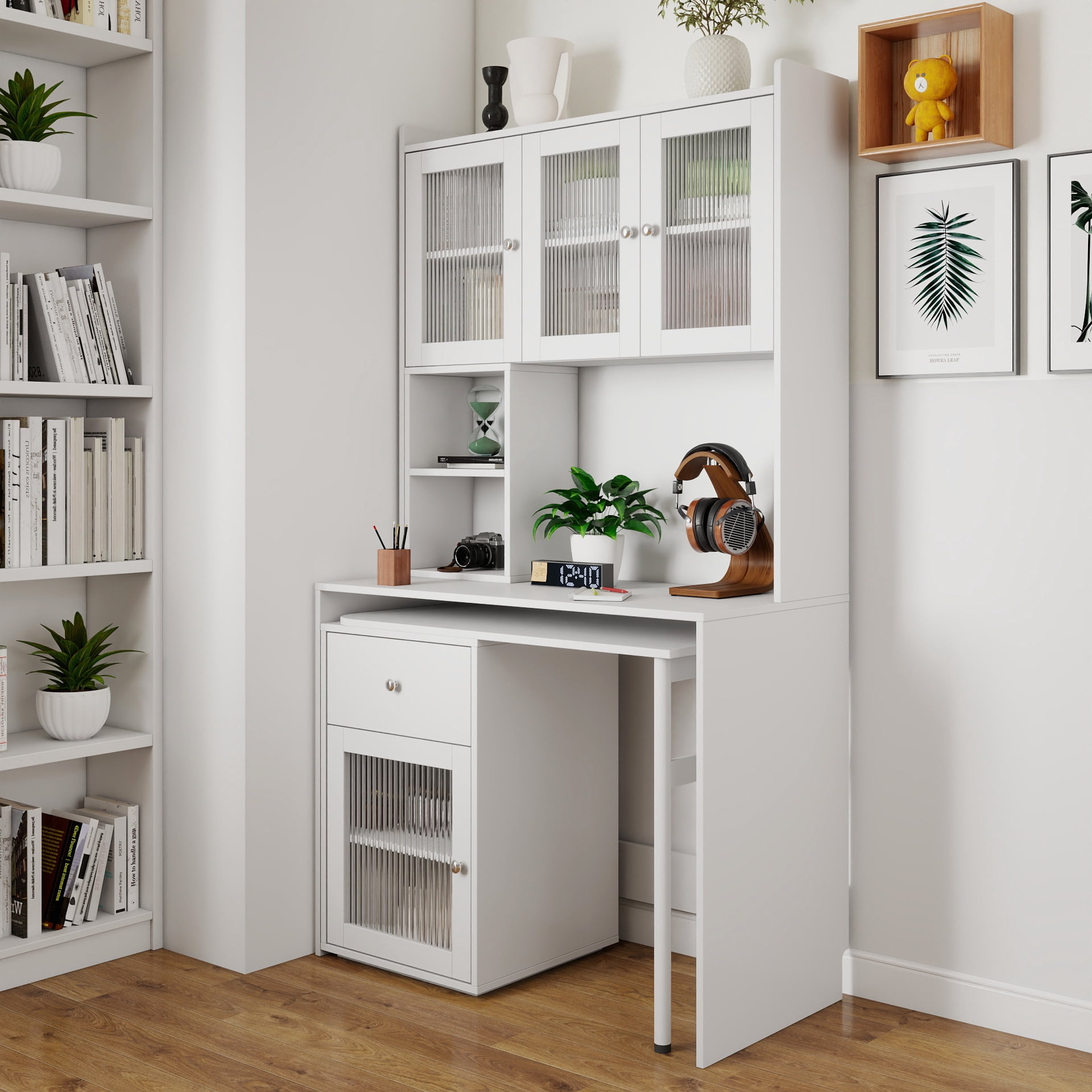 Euroco Computer Desk with glass door for Home Office or Study desk, Bookshelf & Hutch, Computer Desk with 90 Degree Rotating Desktop,Large Working Space