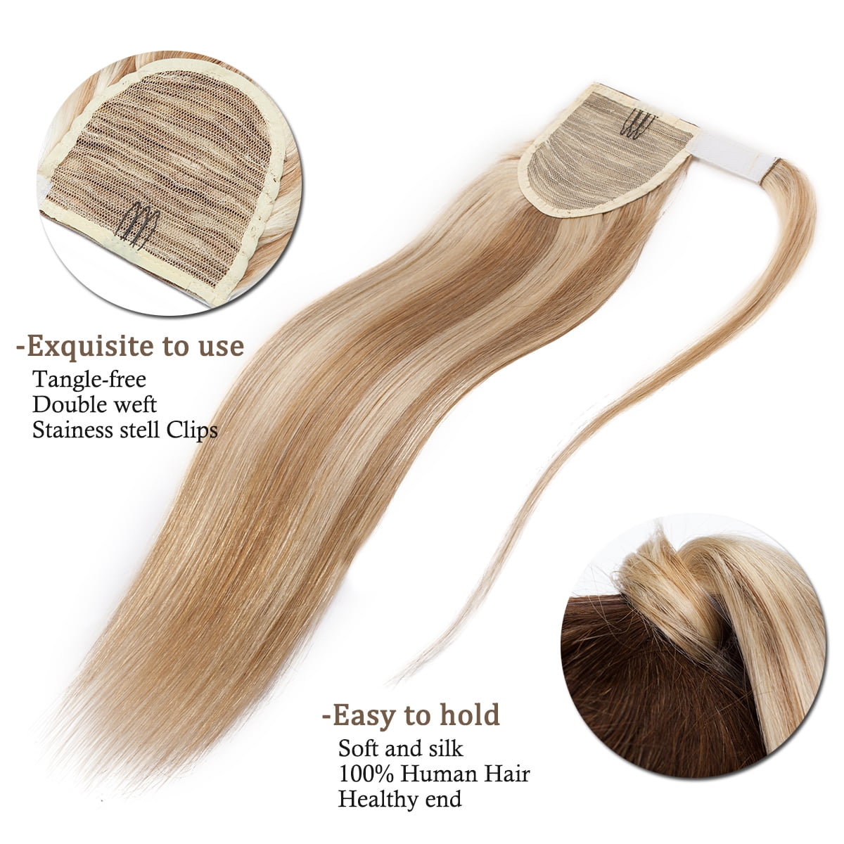 SEGO Clip in Hair Extensions Human Hair 100% Remy Human Hair Wrap Around Ponytail Extension Thick Long Straight Hairpiece with Comb Magic Paste Pony Tail