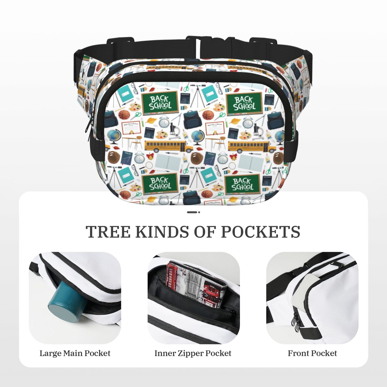 Picia Back To School A Print Square Double-Layer Waist Bag Mini Adjustable Waist Belt Bag Exercise Running Travel Hiking