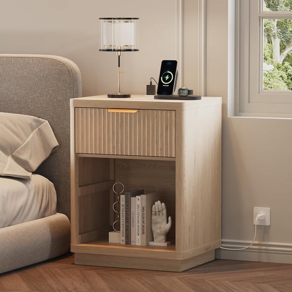 Gaderth 1pack Fluted Farmhouse Night Stand, Fluted Nightstand with Charging Station, Fluted Nightstand Bedroom with Drawers, Modern, Bedside Table w/Metal Handle