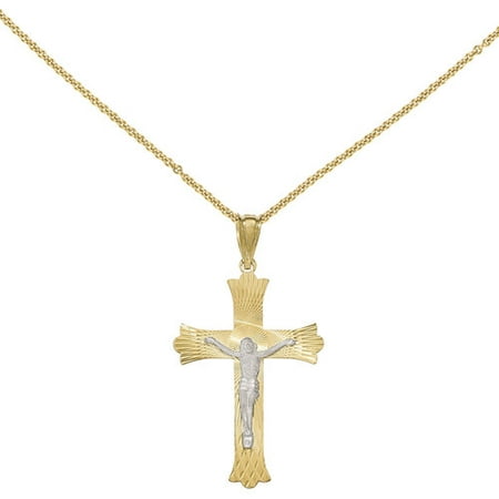 14kt Two-Tone Polished Satin Diamond-Cut Crucifix Cross Pendant