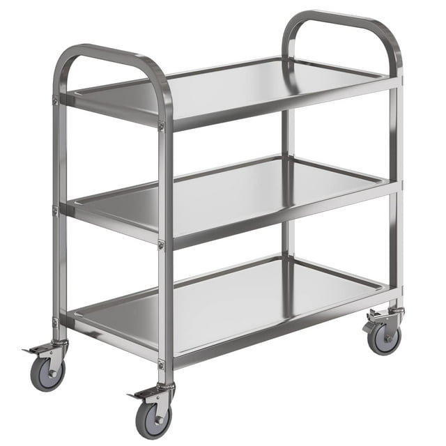 Amarite Chariot Utilitaire en Acier Inoxydable Robuste, Chariot de Service Industriel avec Trois Tablettes et Roues à rotation à 360°. Fabriqué en Acier Inoxydable Épais avec une Épaisseur de 1 mm, Sa Capacité de 500 Lb. Comprend des Roues Universelles Silencieuses avec Verrous de Frein Intégrés pour la Stabilité et la Facilité de Mouvement. Dimensions Sont 33,5 x 17,4 x 35,4 Pouces (L x L x H).