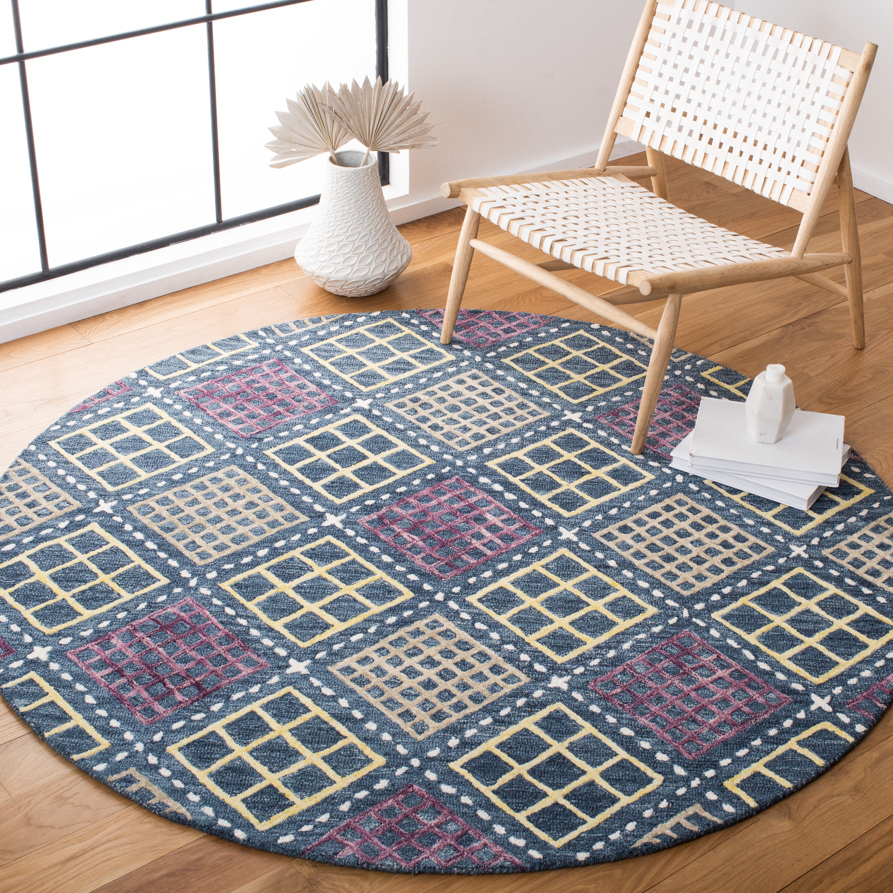 SAFAVIEH Metro Kaylee Geometric Area Rug, Blue/Yellow, 6' x 6' Round