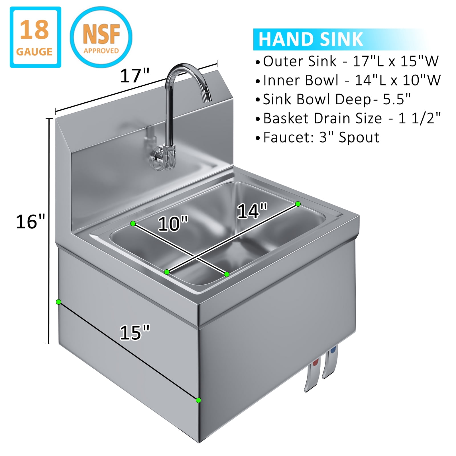 AmGood Stainless Steel Hands-Free Wall-Mounted Hand Sink 17 in x 15 in with Faucet and Double Knee Valves