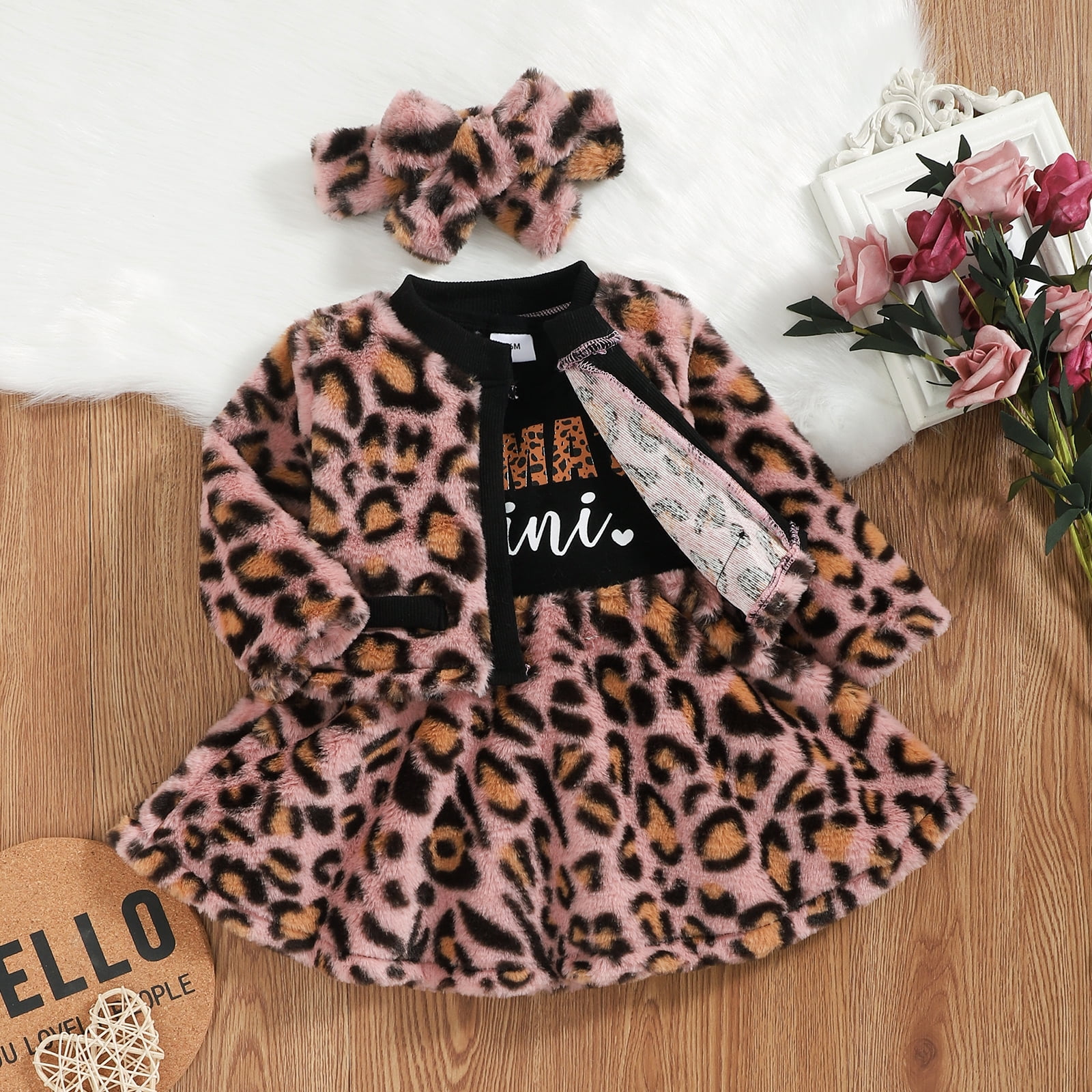 Baby Girl 95% Cotton Short-sleeve Leopard Splice Solid Ruched Dress