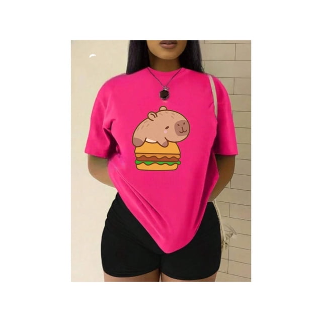 Playera Blusa De Capybara Con Una Hamburguesa Capibara Color Fucsia Talla Chica Marca Emil SaEs