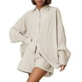 thumbnail image 4 of Women's 2 Piece Cotton Outfits, Loose Casual Long Sleeve Button Shirt and Shorts Tracksuit Beach Vacation Sets Womens Casual 2 Piece Outfits Cotton Linen Sets Beige L, 4 of 7