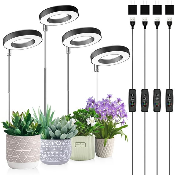 Plant Grow Light, LED Growing Light for Indoor Plants, Full Spectrum Desk Growth Lamp w/ Automatic Timer(3/9/12Hrs) & Height Adjustable, 10 Dimmable Brightness for Small Plants, 4 Packs, Black
