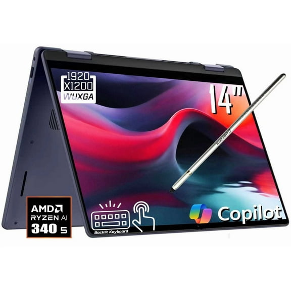 Dell 14 Plus 2-in-1 Copilot  AI PC Laptop, 14" FHD  1920 x 1200 LED Touchscreen, AMD Ryzen AI 5 340(>Intel i5-13420H), 1080P Webcam, Backlit KB, Stylus Pen, Win11 Home (16GB DDR5 RAM - 512GB SSD)