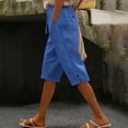 thumbnail image 4 of Brnmxoke Casual Bermuda Shorts for Women Knee Length Dressy Linen Drawstring Elastic Waist Shorts Basic Summer Beach Vacation Shorts with Pockets Blue,L, 4 of 9