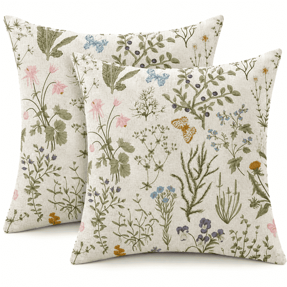 Spring Pillow Covers 20x20 Inch Set of 2,Sage Green Wild Flower Plant Throw Pillows Case,Seasonal Floral Outdoor Decorative Square Linen Farmhouse Decor Cushion Covers for Home Sofa Bed Couch