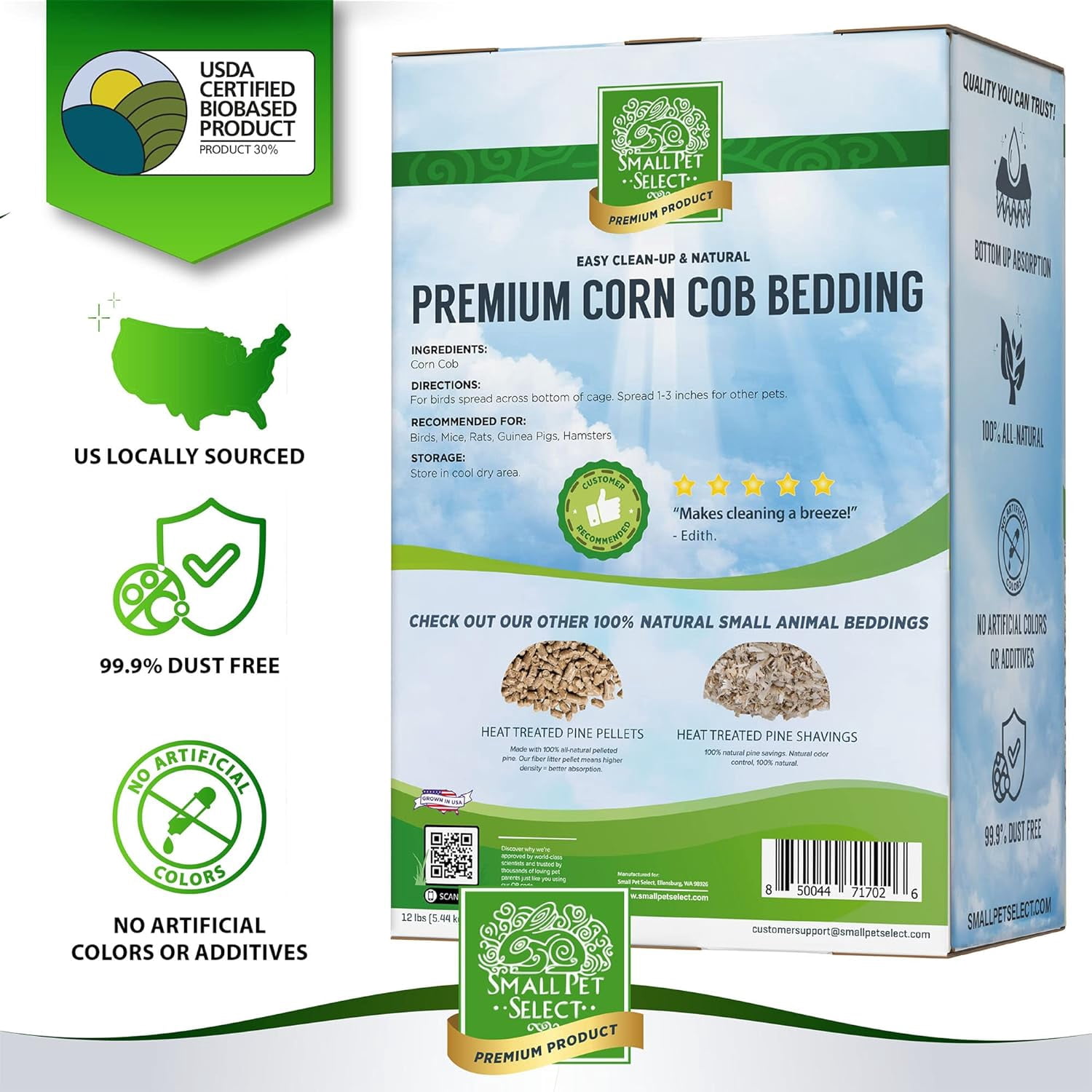 Small Pet Select 100% Natural Corn Cob Bedding for Pets Small Animal & Bird Cage Litter Safe for Hamsters, Guinea Pigs & More -12lb