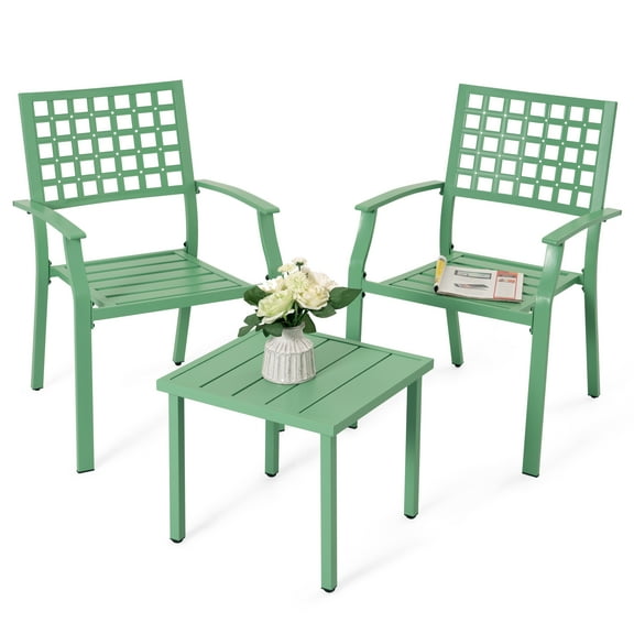 Nuu Garden 3-Piece Patio Bistro Set, All Weather Small Patio Furniture Set - 2 Metal Stackable Chairs with Square Side Table, Well-Ventilated Slatted Patio Bistro Set, Green