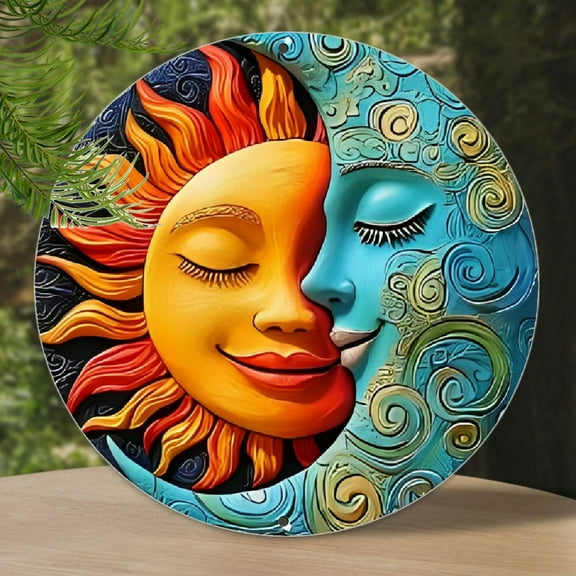 1pc Sun and Moon Wall Art, 8.0inch Round 2D Metal Plate, Creative Multipurpose Home Decor, English Language, Ideal for Living Room, Bedroom, Bathroom, Garage, Bar, Cafe - Holiday Art Decoration Style