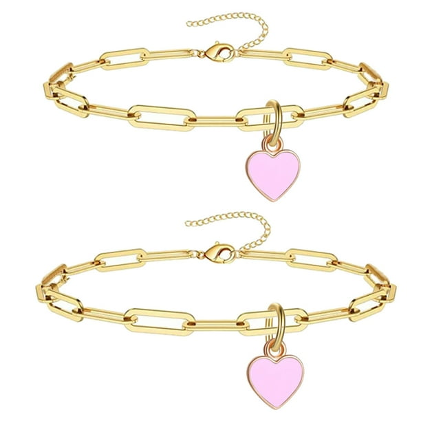 Pulseras y Tobilleras de Corazón de Acero Inoxidable para Hombre Mujer, Pulsera (15+5cm), Tobillera (21+5cm) Ajustable