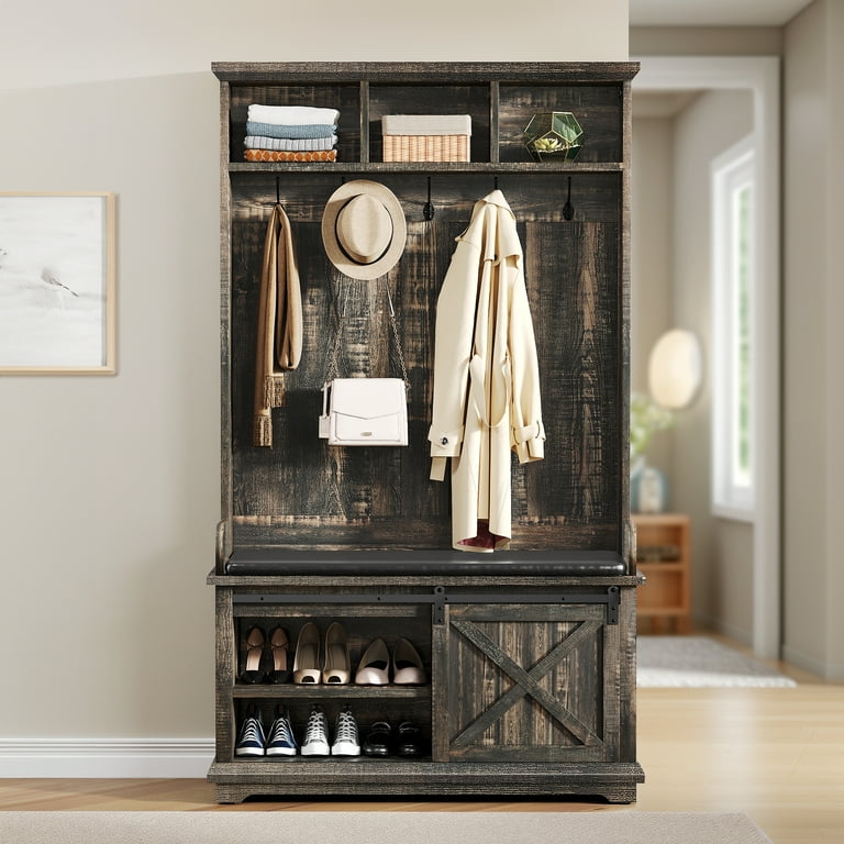 Dextrus Entryway 3 in 1 Farmhouse Coat Rack 14 Hooks Hall Tree Storage Bench Shoe Cabinet Rustic Oak Walmart
