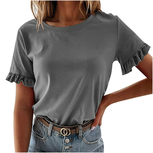 Timegard Tops for Women Round Neck Ruffle Short Sleeve Solid Color Tee Shirts Casual Loose Comfy Tops