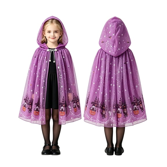 REDARER Kids Witch Fairy Hooded Cape Cloak Printed Tulle Mantle Outfit for Halloween Party Trick or Treat Fancy Dress Up,One Size