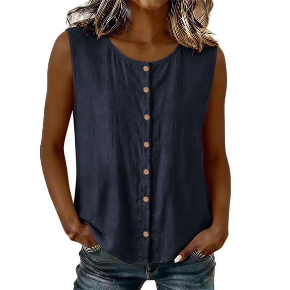 Button Down Linen Tank Tops for Women Loose Crewneck Summer Versatile Sleeveless Blouses Dressy Casual Shirts