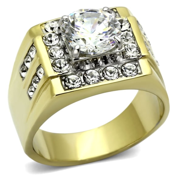 Luxe Jewelry Designs Two Tone Gold Ion Plated Stainless Steel Men's Ring with Round CZ - Size 12
