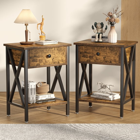VECELO Nightstands Set of 2, Industrial End Table with 1-Drawer & Storage Shelf, Small Bedside Table Organizer for Small Space, Side Table for Bedroom Living Room, Antique Brown