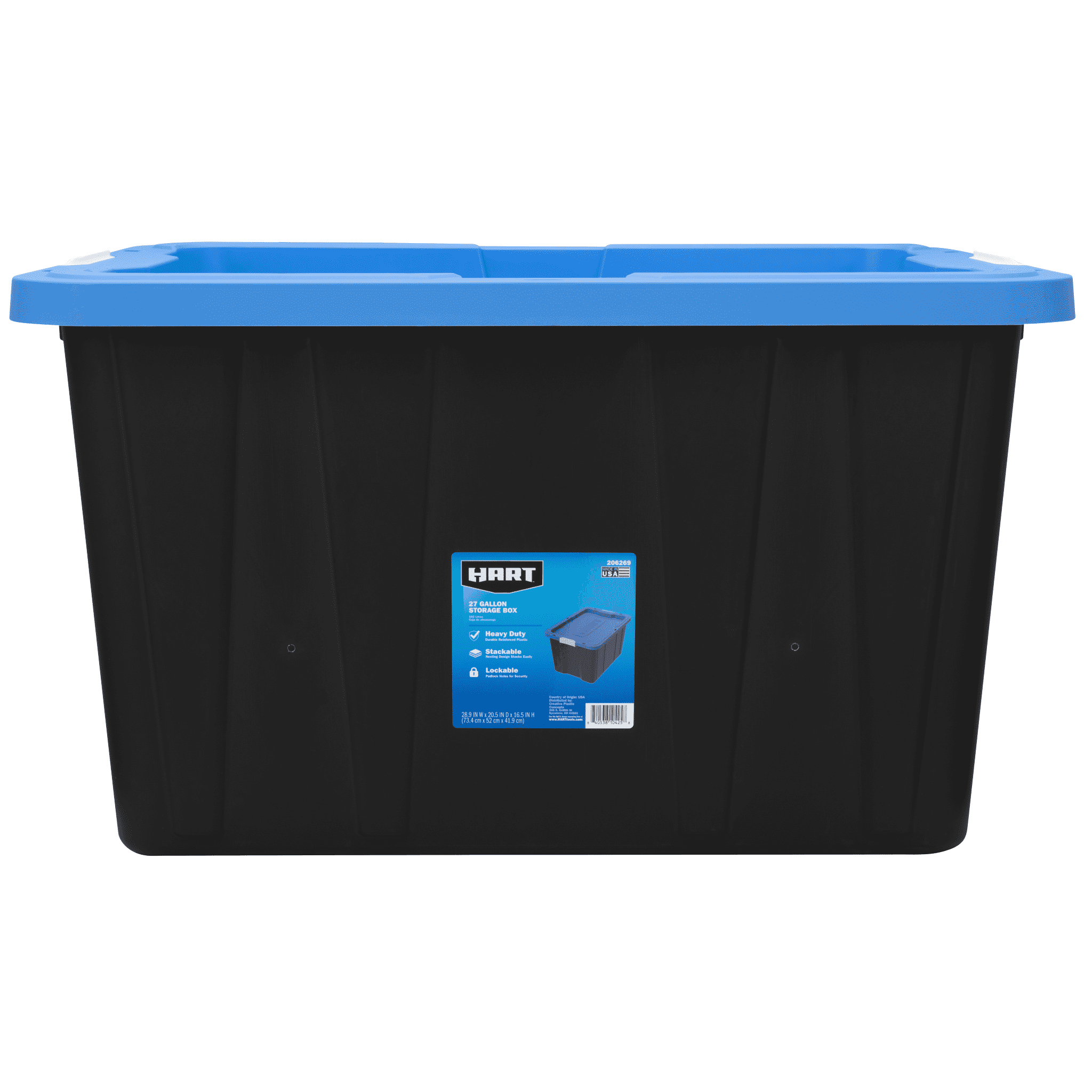 HART 27 Gallon Heavy Duty Latching Plastic Storage Bin Container, Black, Set of 4