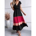thumbnail image 3 of Women Party Color Block Dress High Waist Short Sleeve Maxi V Neck Dress Casual Ruched Ruffle Hem Dress Style 2 XL, 3 of 7