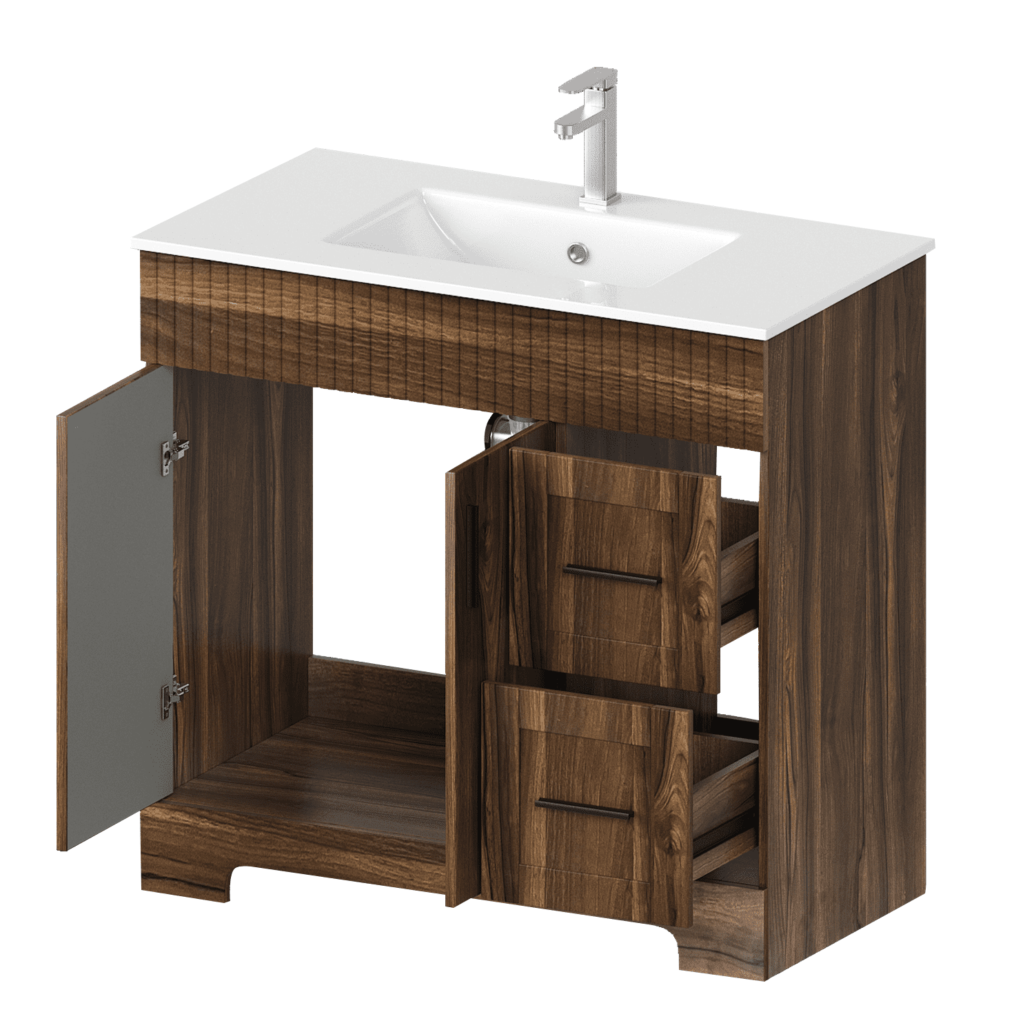 Richryce 36 Inch Bathroom Vanity with Ceramic Sink, Wooden Bathroom Sink Vanity with a Door & 2 Drawers, Freestanding Bathroom Sink Cabinet (Walnut)