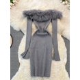 thumbnail image 1 of Vestido ajustado de punto con hombros descubiertos para mujer, Cuello de piel de moda con traje Sexy, parte inferior ajustada, D5157, 1 of 3