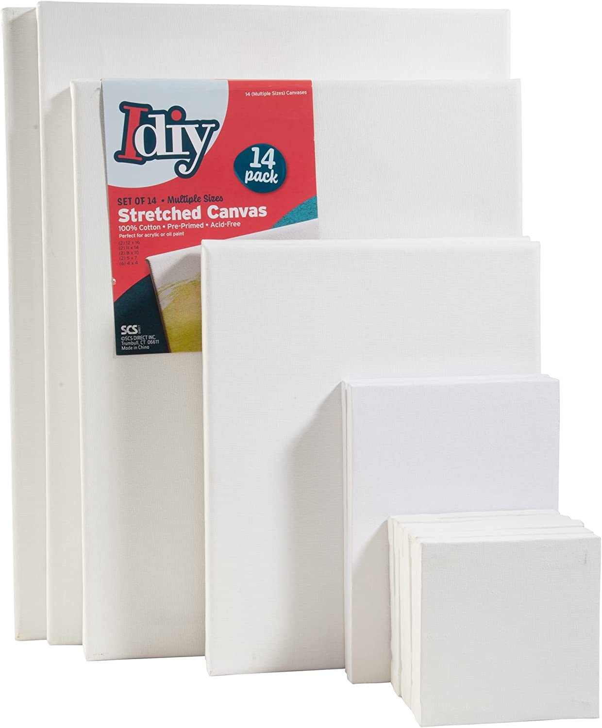 iDIY Stretched Canvas Board Multi Pack (Set of 14) - Sizes 4 x 4-12 x 16, 5/8 Variety Pack - Classic White Blank, Pre Primed for Oils or Acrylics, 100% Cotton, Acid Free - Professional Grad