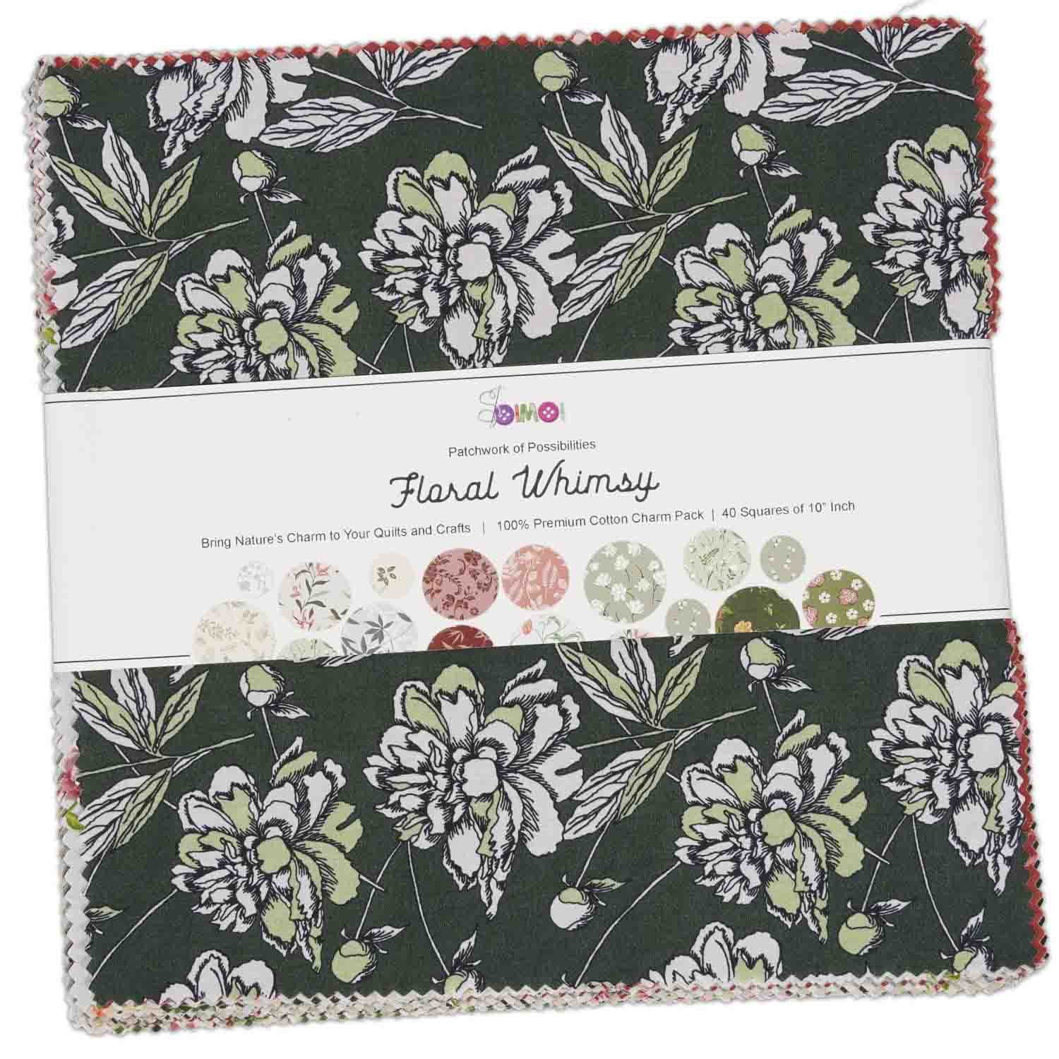 40 Pcs Cotton Bundles Charm Packs for Quilting, Precuts Quilt Squares 10 x 10 inches, Fabric Scraps for Crafts, Fat Quarter Layer Cakes, DIY Fabric Bundle Squares - Floral Whimsy