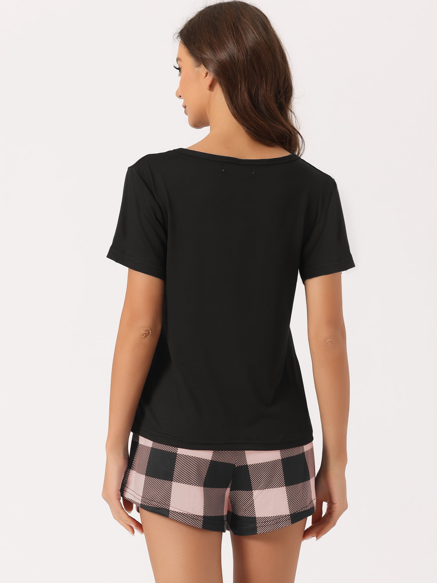 Unique Bargains Women Plaid Short Sleeve T-Shirt with Shorts Couple Pajama Set L Light Pink