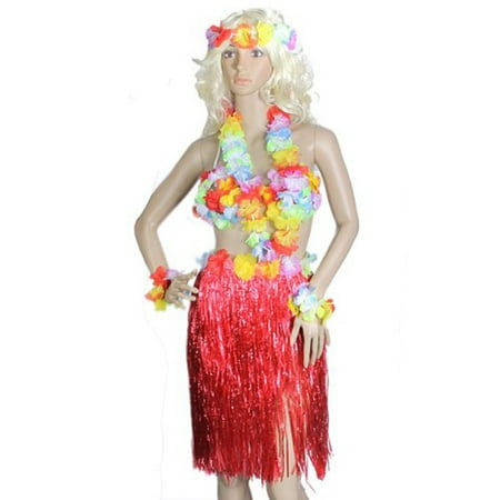 

5-in-1 Hawaii Tropical Hula Grass Dance Skirt & Bra & Flower Bracelets & Headband & Necklace Set (Red)