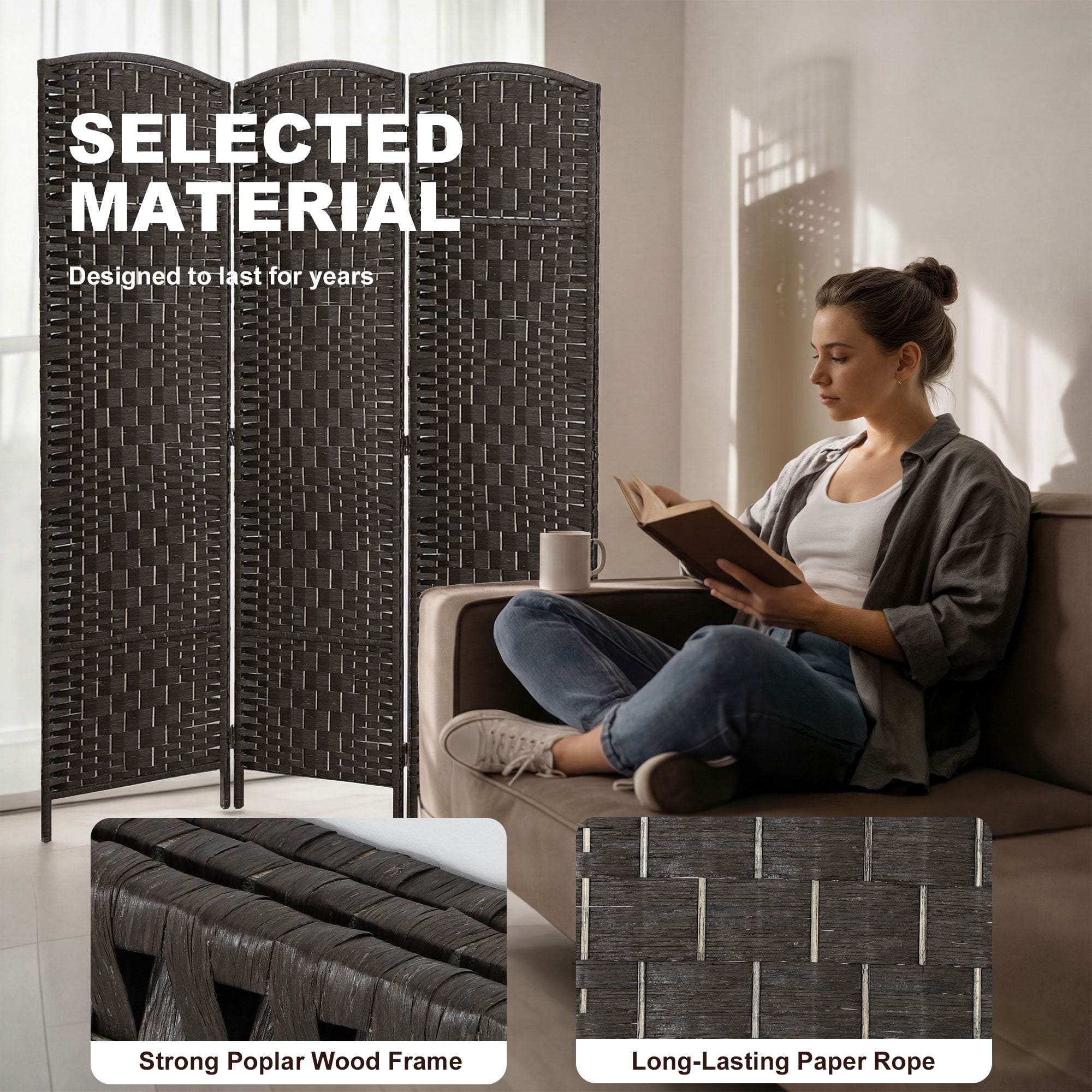 Room Divider, 3 Panel Folding Privacy Screen, 70.9" Tall Portable Weave Partition Wall Divider for Bedroom, Coffee