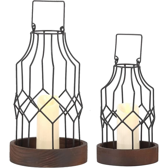 Set of 2 Rustic Farmhouse Lanterns Decorative Indoor, Vintage Candle Lantern Holder with Wooden Base, Black Metal Decorative Lanterns for Home Decor, Outdoor, Indoor, Living Room, Kitchen