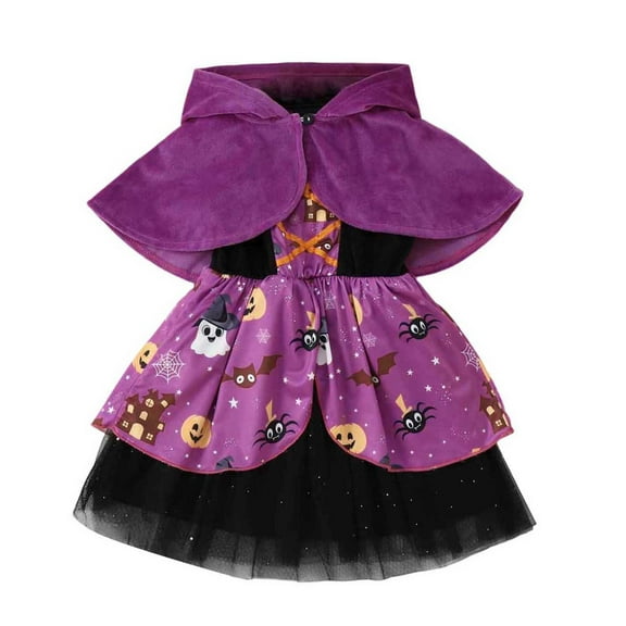 Weebloom Toddler Girl Halloween Outfits Sleeveless Hallowmas Cartoon Prints Dress Hooded Robe Set Dailywear Outfit 18-24 Months Purple