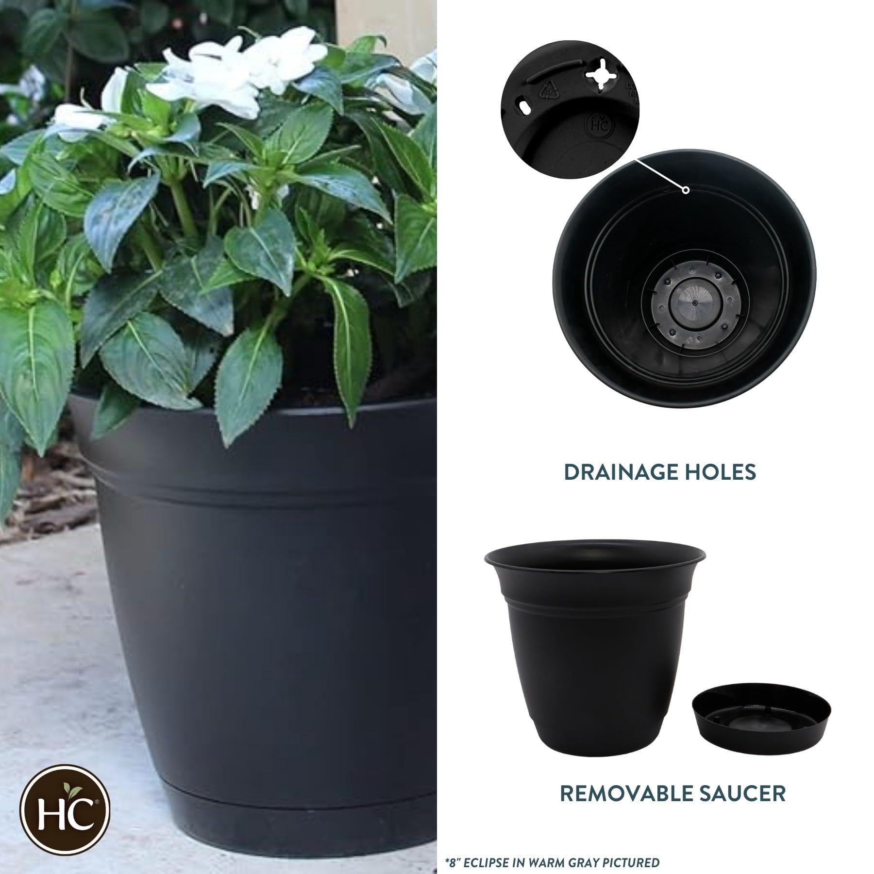 The HC Companies 12 Inch Eclipse Round Planter with Saucer - Indoor Outdoor Plant Pot for Flowers, Vegetables, and Herbs, Black