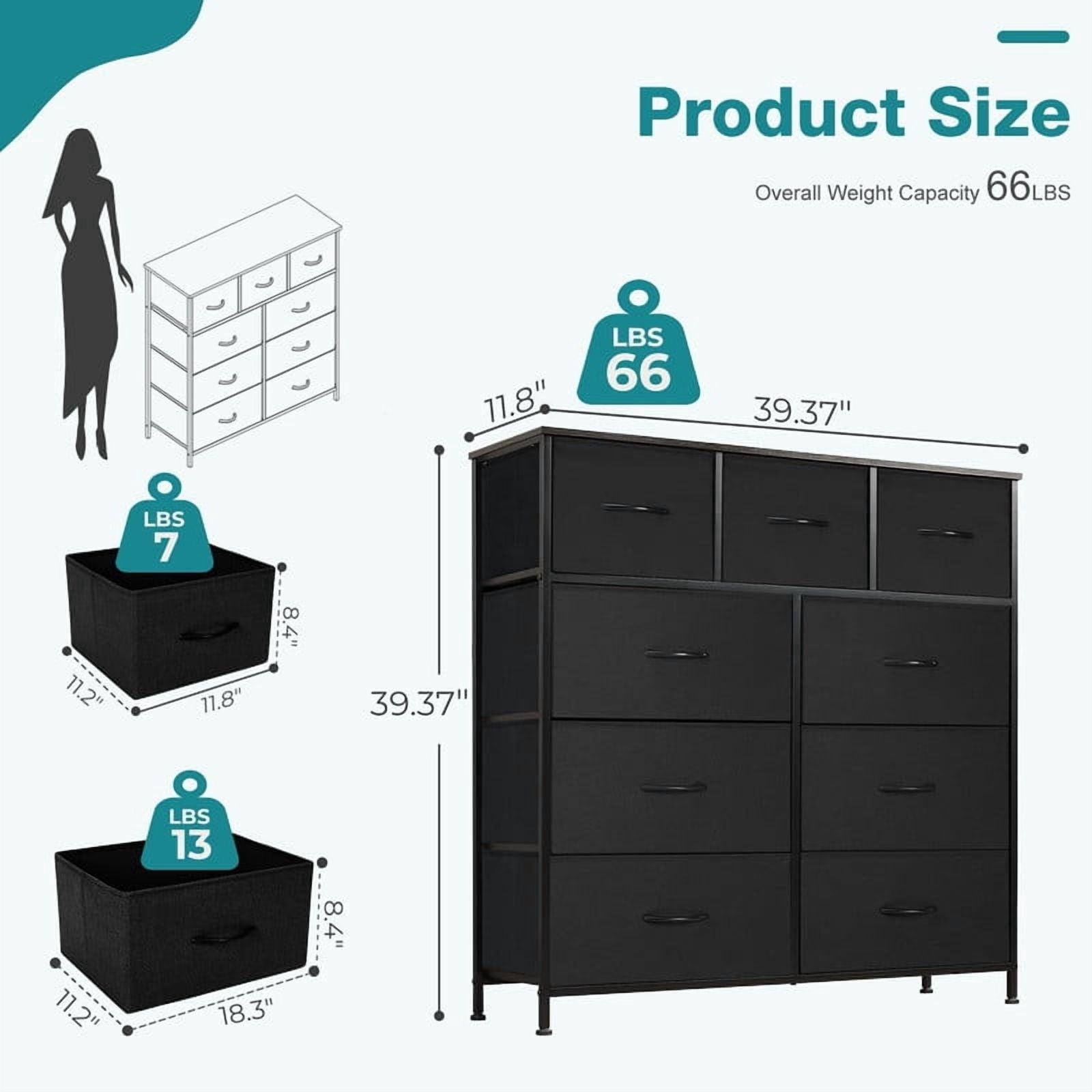Kelno 9 Drawer Fabric Dresser Storage Tower Chest Organizer with Wood Top Steel Frame, Black