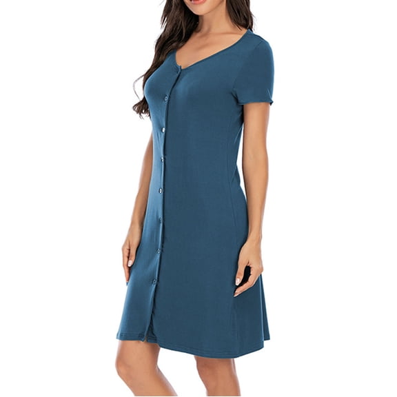 Lolmot Summer Dresses for Women 2023 Short Sleeve Crewneck V-Neck Buttons Cardigan Sleeping Skirt Loose Soft Casual Home Dresses