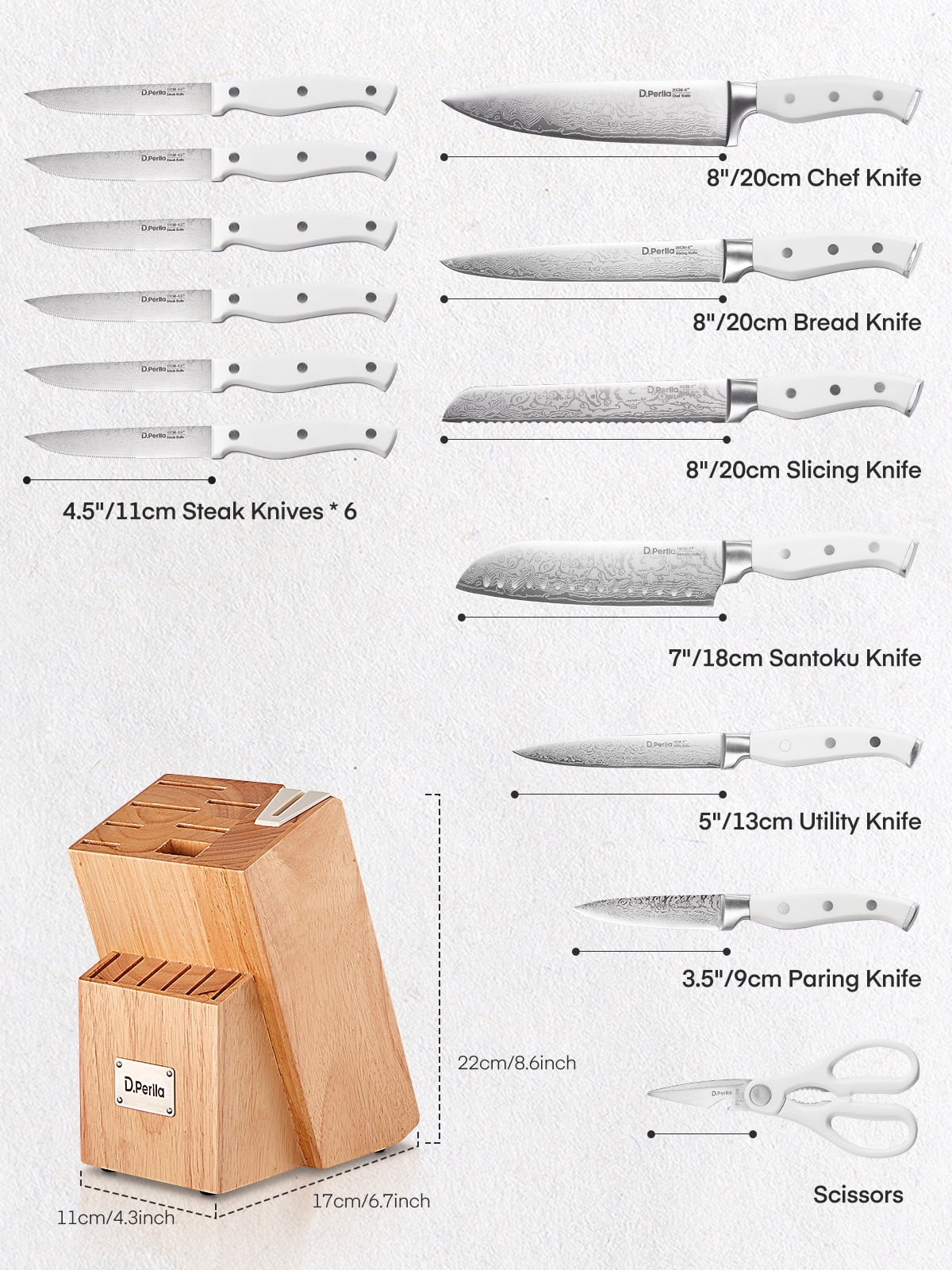 D.Perlla Knife Set, 14 Pcs German High Carbon Stainless Steel Sharp Knives Block Set with Built-in Sharpener, White