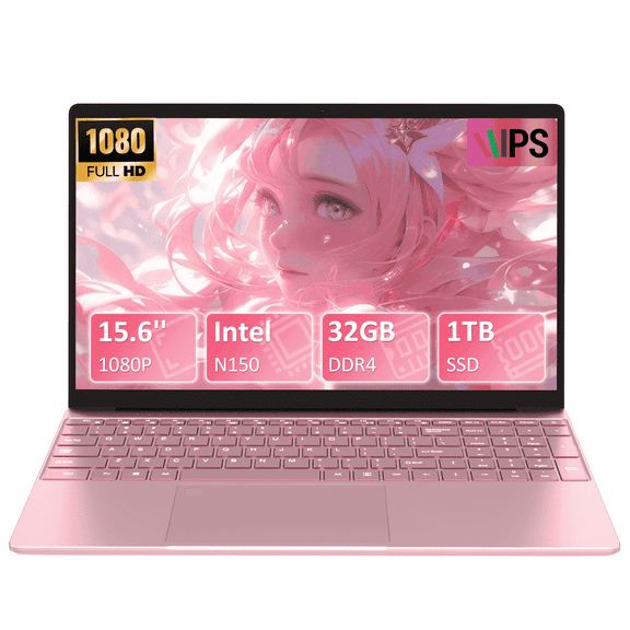 Pryloxen 15.6" Laptop Computer, Windows 11 Pro Home Computer, 1080P Intel N150 CPU, 32GB RAM 1TB SSD, Backlight Keyboard, Fingerprint Reader, Pink