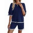 thumbnail image 3 of Womens Lounge Sets 2 Piece Outfits Short Sleeve Pullover Tops Wide Leg Pants Summer Travel Outfits Navy Blue XL, 3 of 9